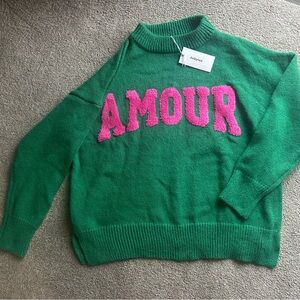 Green 'Amour' Turtleneck Sweater with Pink Lettering